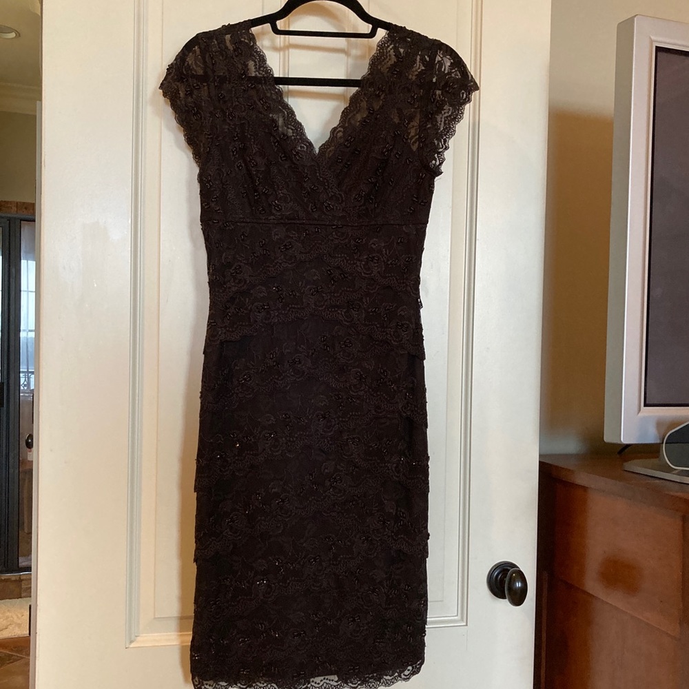 Marina Chocolate Brown Lace Beaded Cocktail Dress